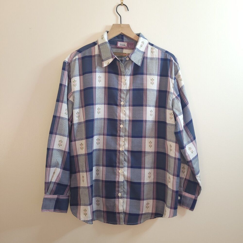 Premier International Shirt Women L Floral Embroidered Plaid Top Granny Cottage